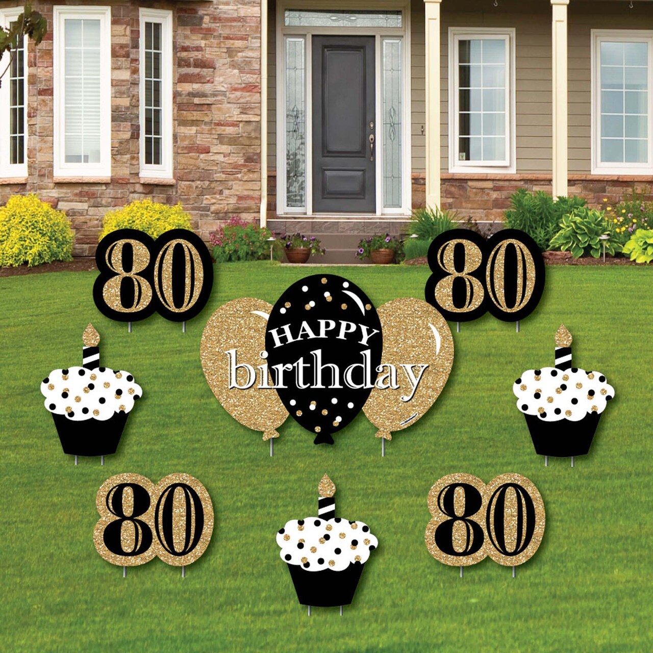 Big Dot of Happiness Adult 80th Birthday - Gold - Yard Sign and Outdoor Lawn Decorations - Happy Birthday Party Yard Signs - Set of 8